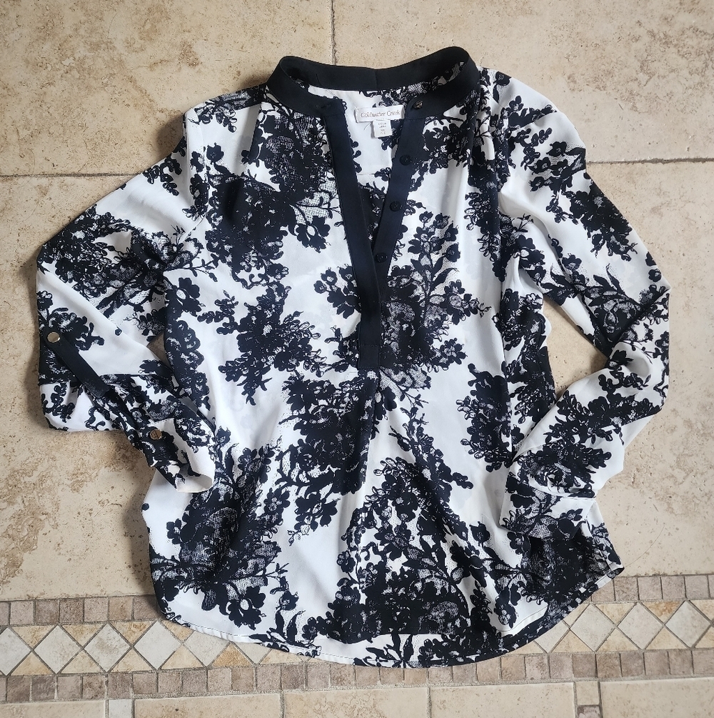 Coldwater Creek Black and White Floral Popover Blouse